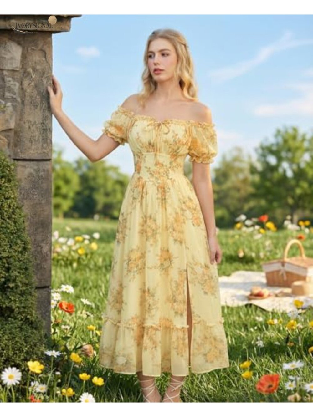 Floral Corset Midi Dress Puff Sleeve Off Shoulder A-Line Summer - Picture 3 of 6